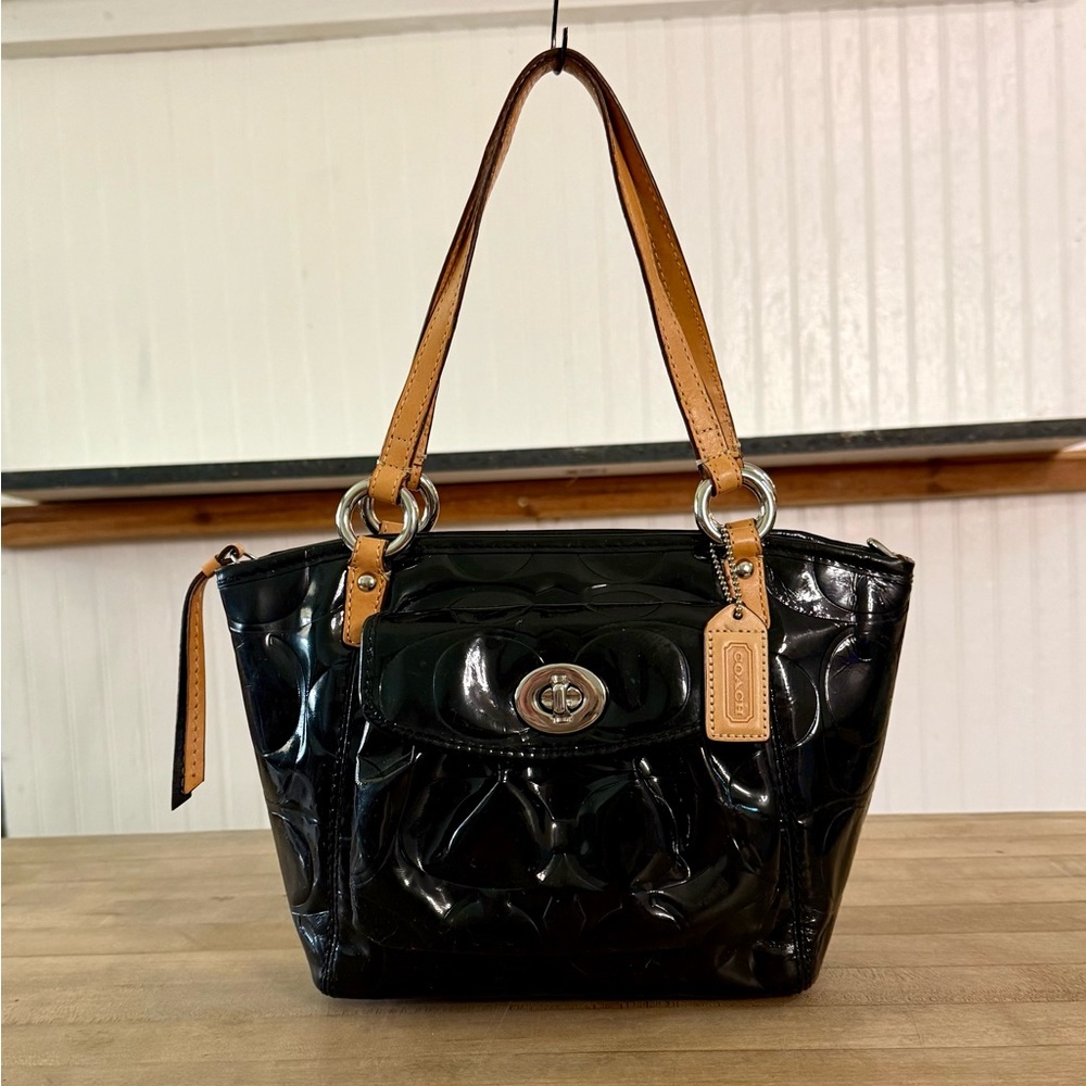Coach Black Patent Leather Shoulder Bag with Tan Handles